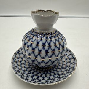 Russian Lomonosov Porcelain Cobalt Blue Net 22K Gold 4.5" Bud Flower Vase& Plate